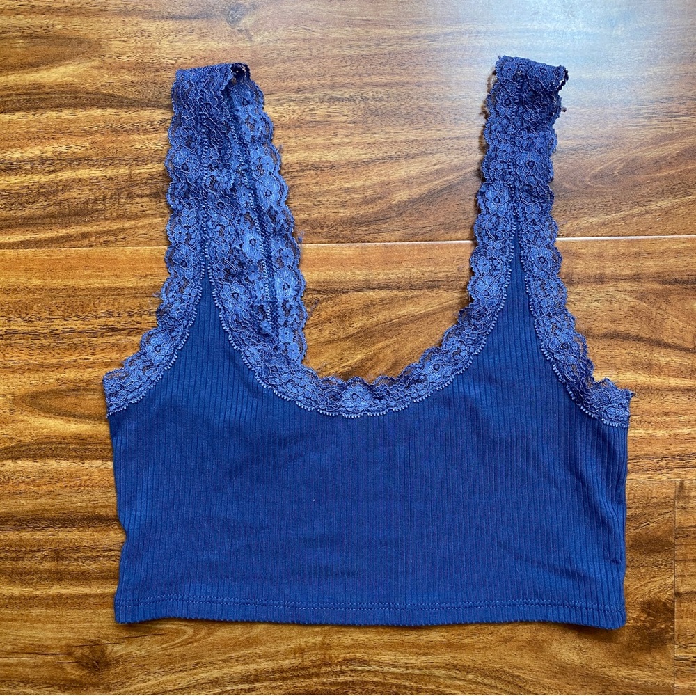 3/$25 American Eagle Blue Ribbed Lace Trim Stretch Crop Tank Top XS Girlhoodcore